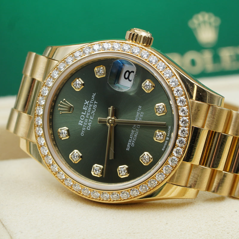 SOLD - 10/6/23 - Rolex Datejust 278288RBR Yellow Gold and Diamonds Green Dial '22 B&P