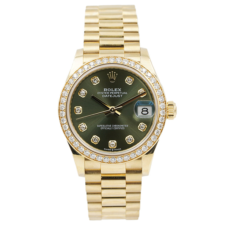 SOLD - 10/6/23 - Rolex Datejust 278288RBR Yellow Gold and Diamonds Green Dial '22 B&P