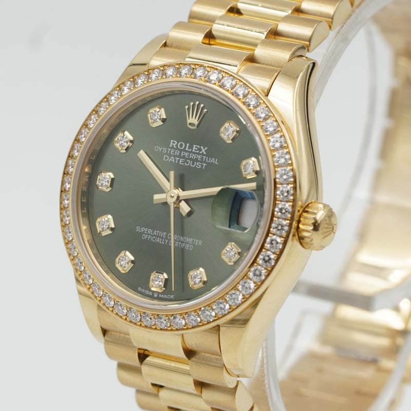 SOLD - 10/6/23 - Rolex Datejust 278288RBR Yellow Gold and Diamonds Green Dial '22 B&P