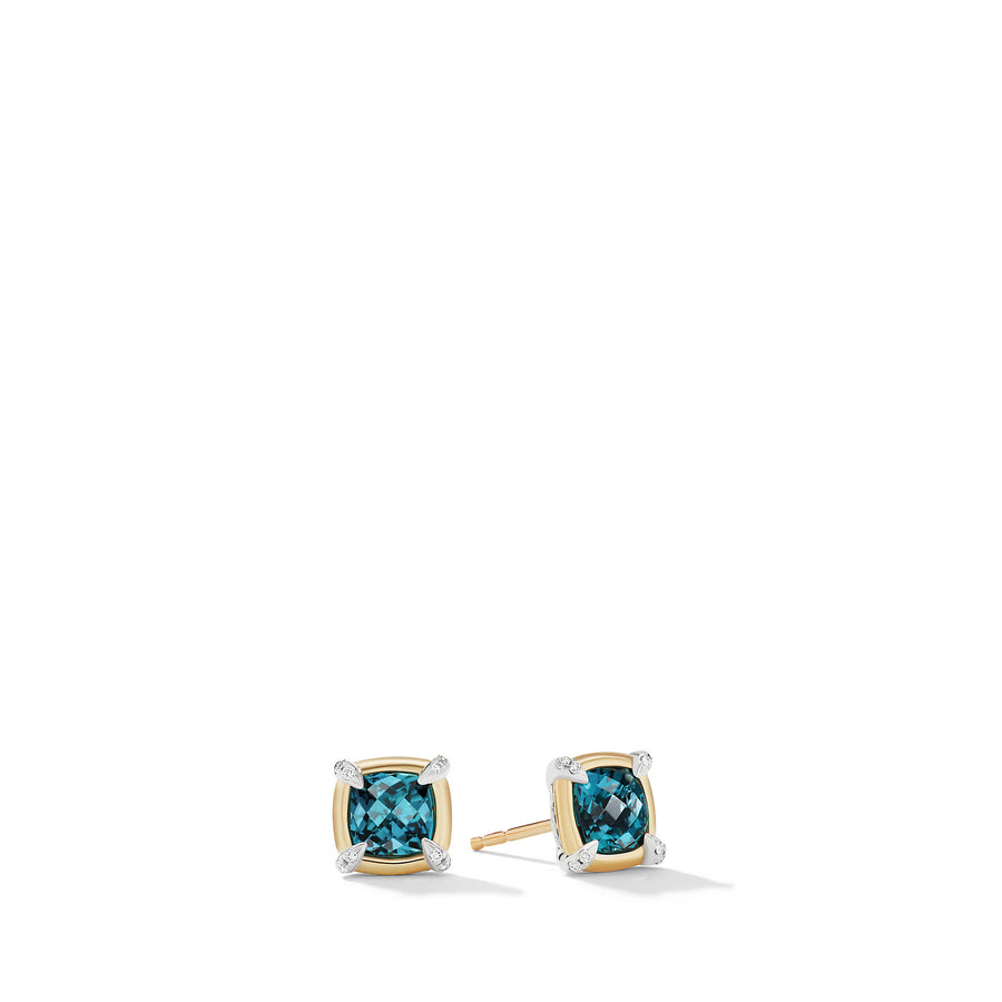 David Yurman Petite Chatelaine Stud Earrings with Hampton Blue Topaz, 18k Yellow Gold Bezel and Pave Diamonds- E17115DS8AIBDI