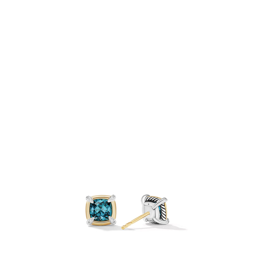 David Yurman Petite Chatelaine Stud Earrings with Hampton Blue Topaz, 18k Yellow Gold Bezel and Pave Diamonds- E17115DS8AIBDI