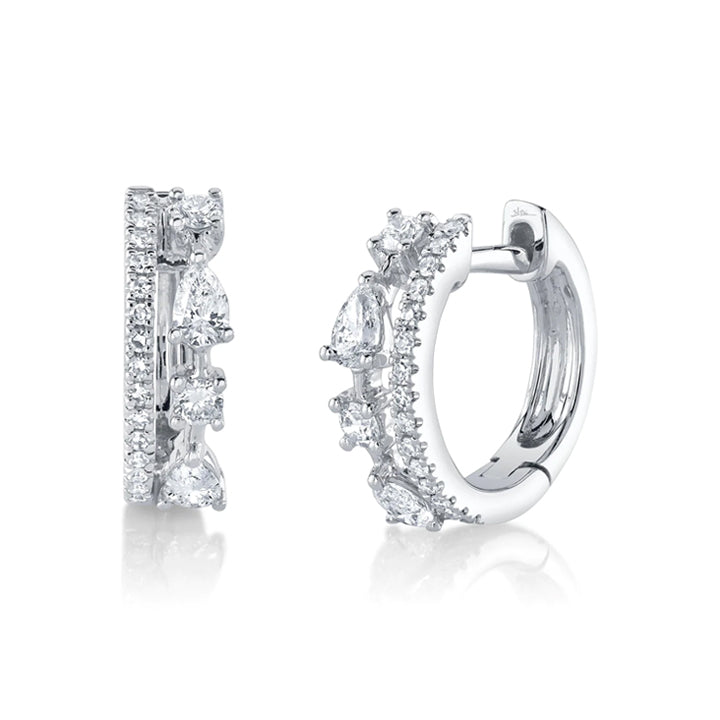 14K White Gold 2-Row Mixed Shape Diamond Huggie Earrings - SC55025099
