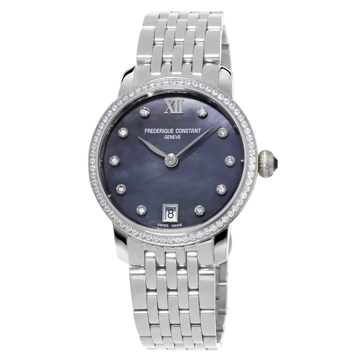 Frederique Constant Stainless Steel Slimline Ladies Black Mother-of-Pearl Diamond Watch - FC-220MPBD1SD26B