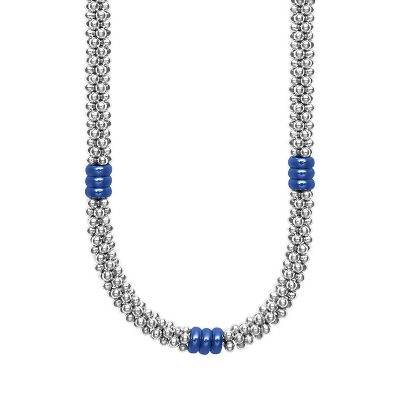 Lagos Blue Ultramarine Caviar Ceramic Three Bead Station Necklace- 04-81172-CL16