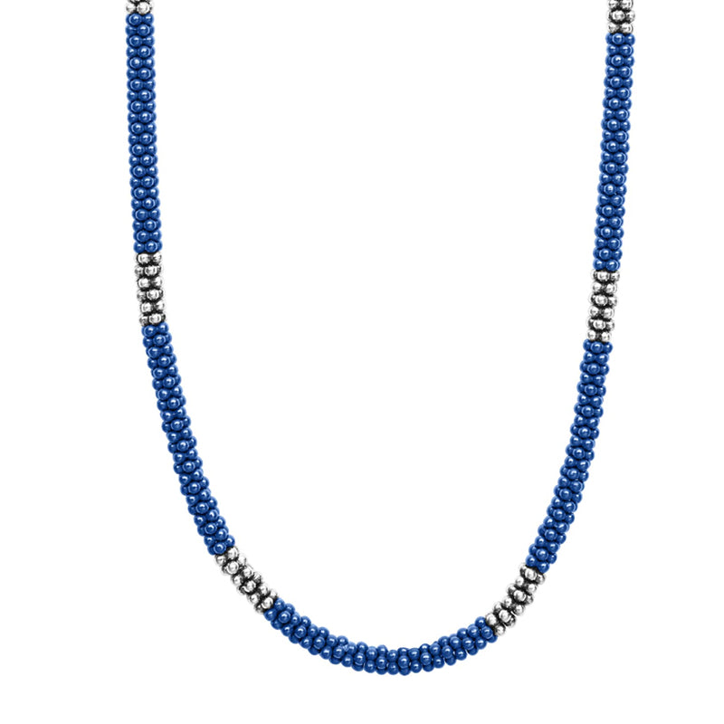 Lagos Blue Ultramarine Caviar 3mm Silver Station Ceramic Beaded Necklace- 04-81139-CL16