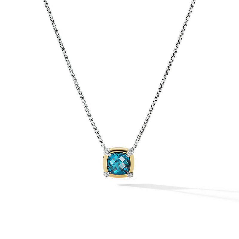 David Yurman Petite Chatelaine Pendant Necklace with Hampton Blue Topaz, 18k Yellow Gold Bezel and Pave Diamonds- N17114DS8AIBDI18