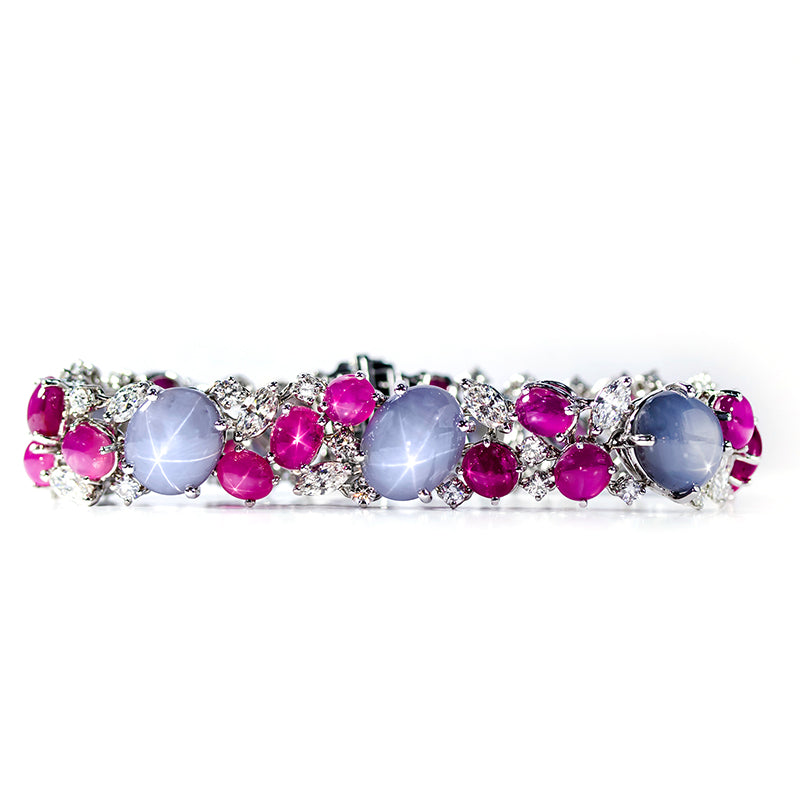 Oscar Heyman Platinum 59.81ctw Star Sapphire, 40.71ctw Star Ruby & Diamond Bracelet- 190757