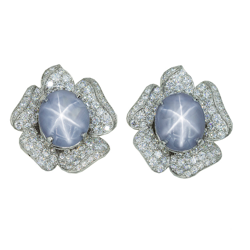 Oscar Heyman Platinum Star Sapphire & Diamond Earrings- 161618