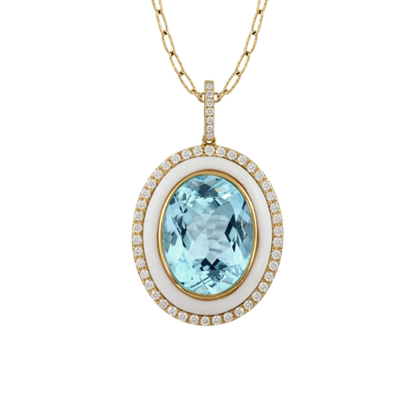 Doves 18k Yellow Gold Blue Topaz, White Agate and Diamond Necklace- P9985WABT