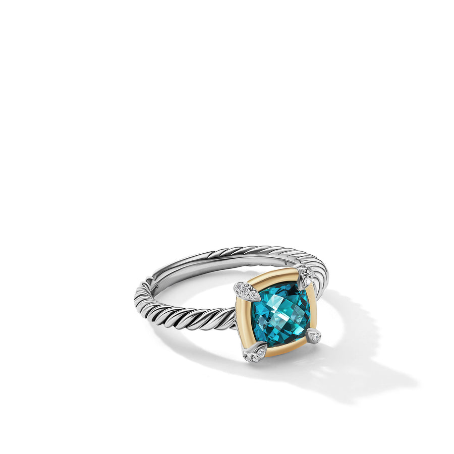 David Yurman Petite Chatelaine Ring with Hampton Blue Topaz, 18k Yellow Gold Bezel and Pave Diamonds- R17114DS8AIBDI6