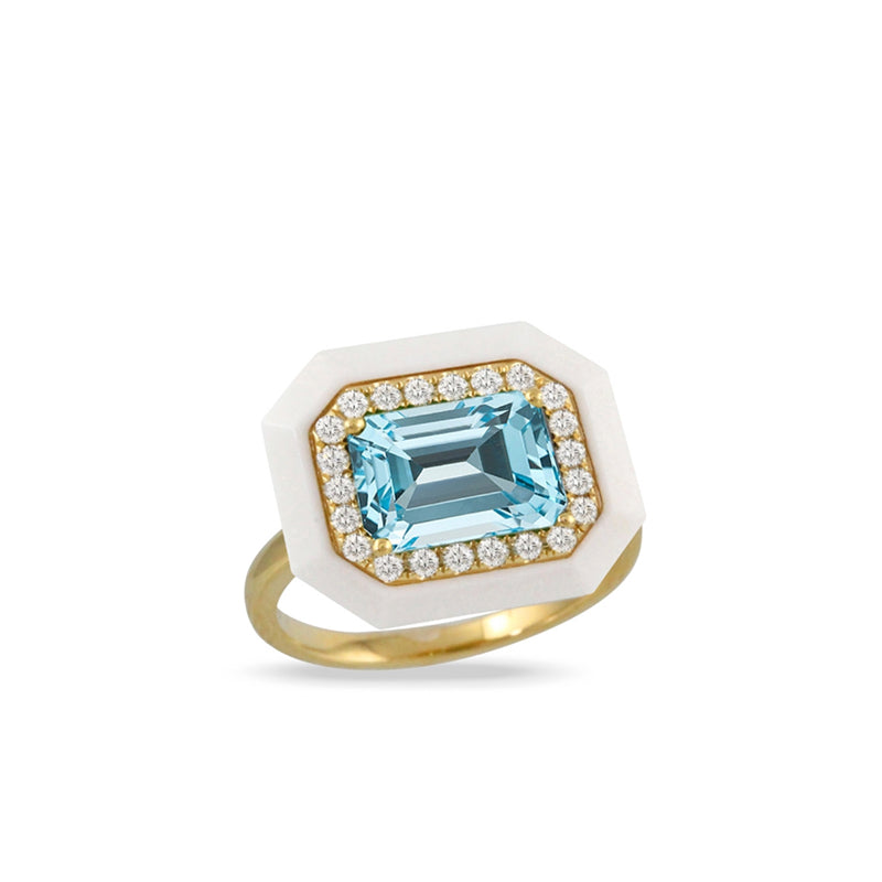 Doves 18k Yellow Gold Blue Topaz, White Agate & Diamond Mykonos Ring- R9254WABT