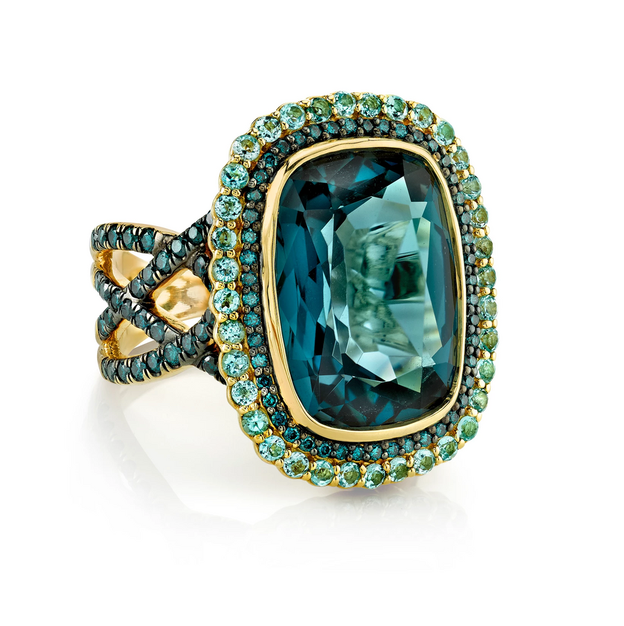 Sloane Street 18k Yellow Gold Cushion London Blue Topaz & Sky Blue Topaz Ring- SS-R105T-LB-BTSK-BD-Y
