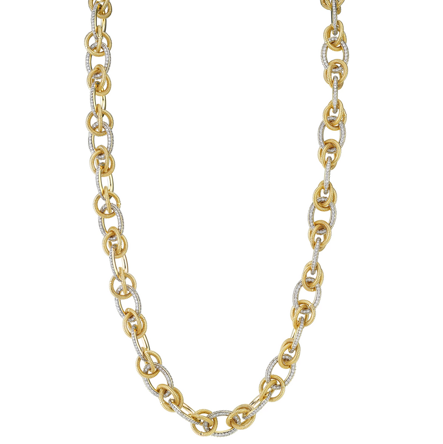 Sloane Street 18k Yellow Gold Strie & Hi-Polished Diamond Link Necklace- SS-CH019F-WDCB-Y-18-16