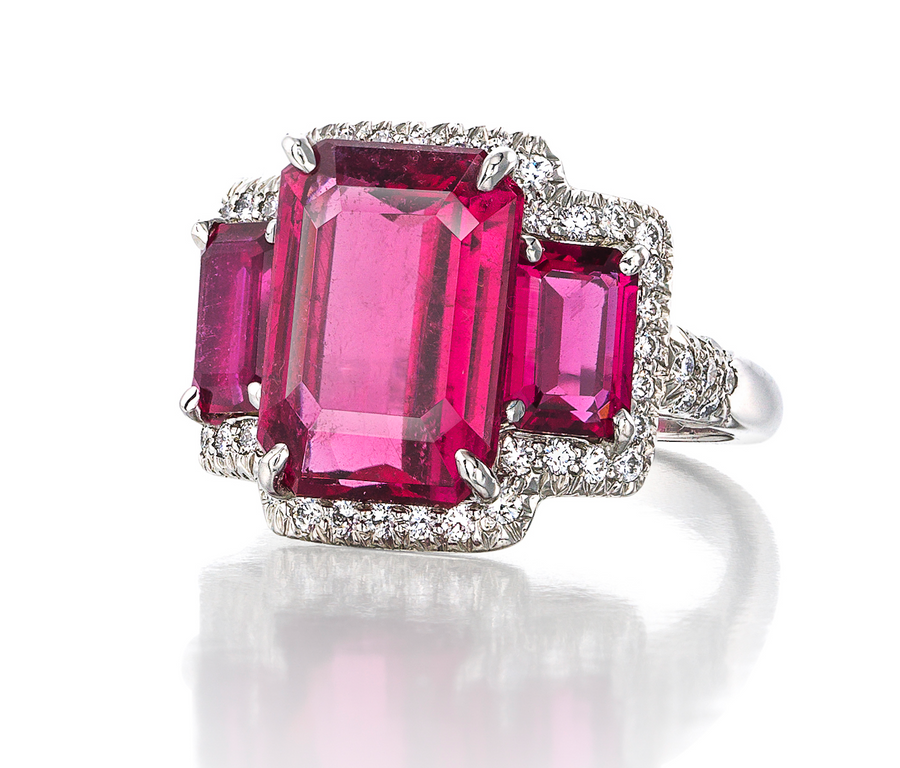 Oscar Heyman Platinum Rubellite & Diamond Three-Stone Ring- 300905