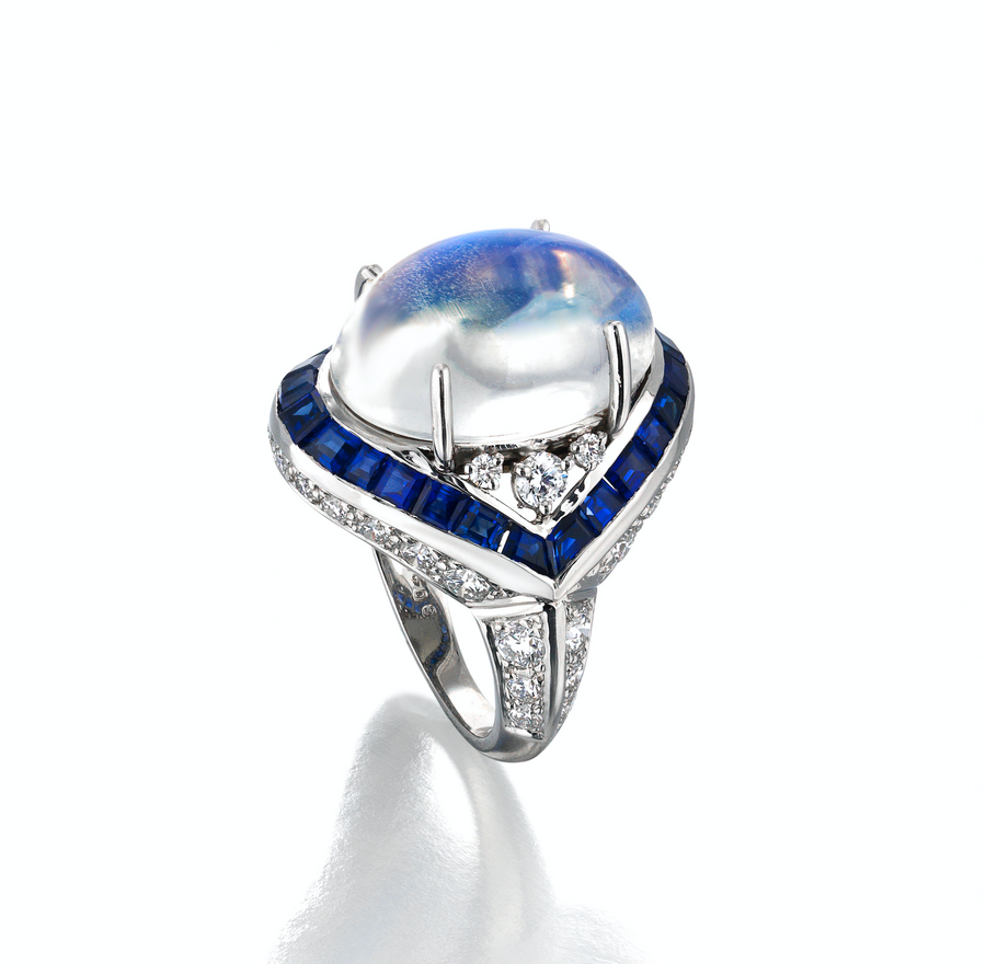 Oscar Heyman Platinum Moonstone, Sapphire & Diamond Ring- 302598