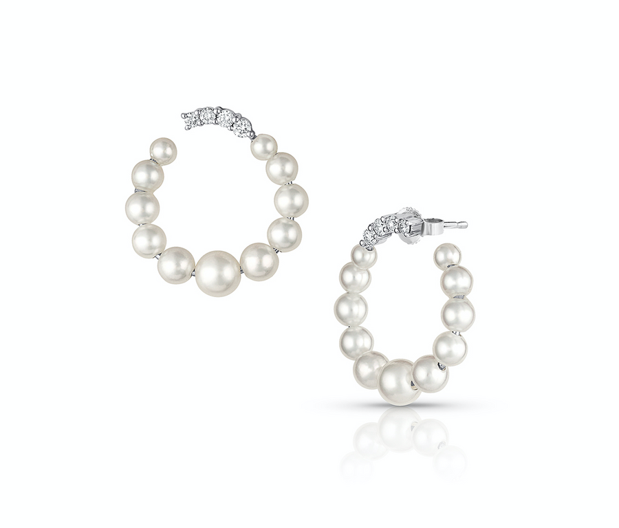 Baggins 14k White Gold Akoya Pearl & Diamond Hoop Earrings- 221508