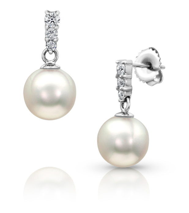 Baggins 14k White Gold Akoya Pearl & Graduated Diamond Drop Earrings- BEST-263E