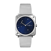 Movement: calibre BR-CAL.102.Quartz.Functions: hours and minutes.Case: 39 mm in diameter. Satin-polished steel. Diamond model: steel bezel set with white diamonds (66 stones totalling 0.99 ct).Dial: midnight blue.