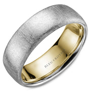 A diamond brushed white gold wedding band with a yellow gold inlay. This ring is available in 14K, 18K (White, Yellow & Rose gold), Platinum 950 & Palladium, please call for pricing.