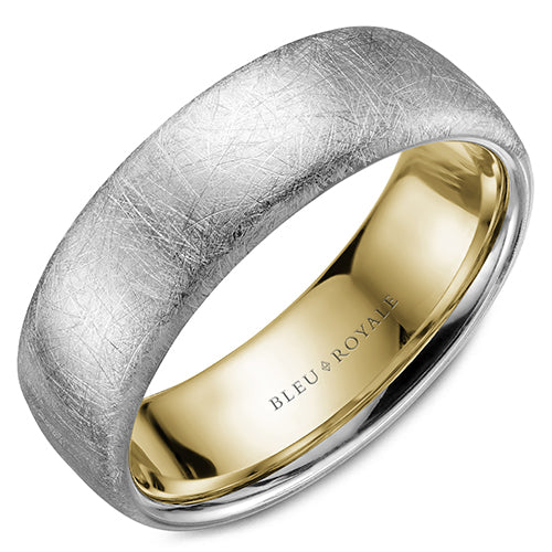 A diamond brushed white gold wedding band with a yellow gold inlay. This ring is available in 14K, 18K (White, Yellow & Rose gold), Platinum 950 & Palladium, please call for pricing.