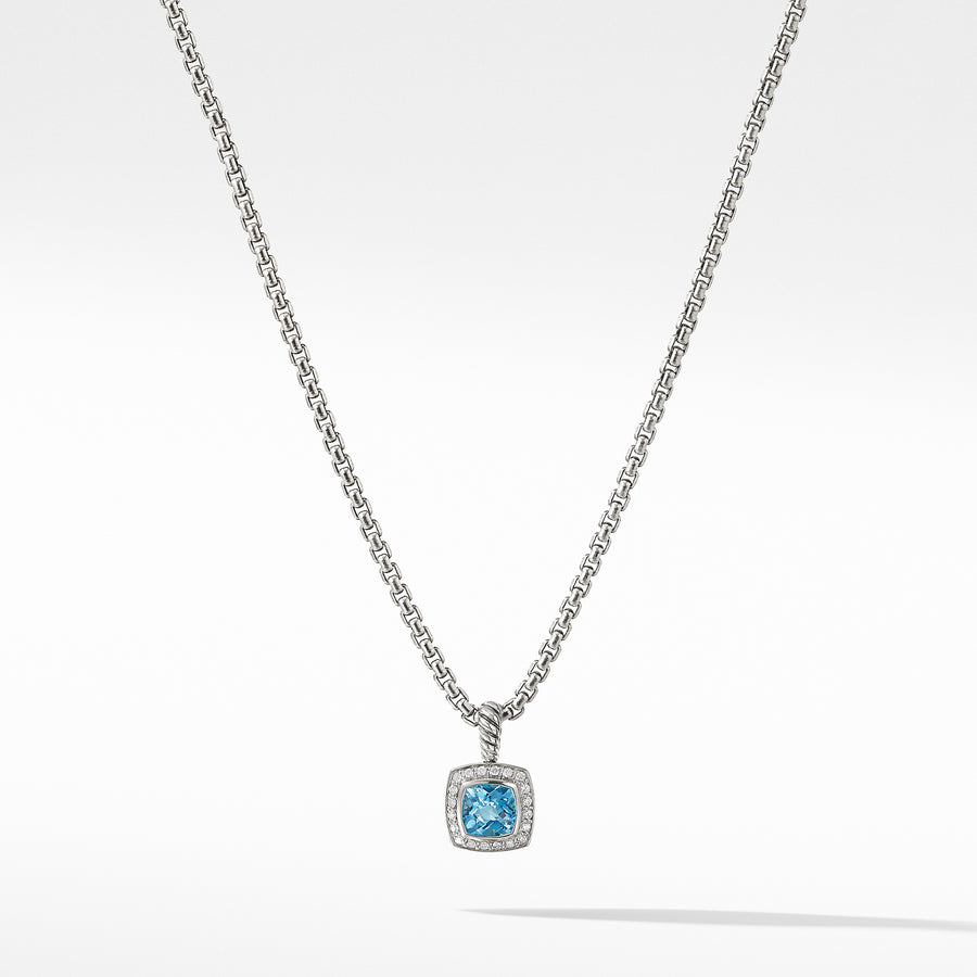 Sterling silver ��� Faceted blue topaz, 7x7mm, Pav? diamonds, 0.17 total carat weight,  ��� Baby box chain, 1.7mm wide ��� Pendant, 11x11mm ��� Lobster clasp-