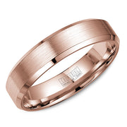A rose gold wedding band with a brushed center and beveled edges.