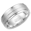 A white gold wedding band with a sandblast center.