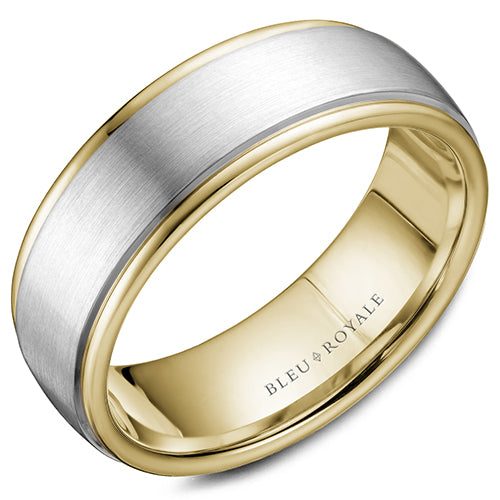 A yellow gold wedding band with a white gold center and line detailing. This ring is available in 14K, 18K (White, Yellow & Rose gold), Platinum 950 & Palladium, please call for pricing.
