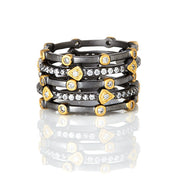Freida Rothman 14K Gold & Black Rhodium Plated Sterling Silver Ring With Hand Cut CZ Stones. Available In Sizes 5-9, Set Of 5 Rings.
