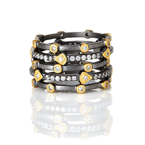 Freida Rothman 14K Gold & Black Rhodium Plated Sterling Silver Ring With Hand Cut CZ Stones. Available In Sizes 5-9, Set Of 5 Rings.