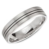 A wedding band in white gold with a brushed center and line detailing.