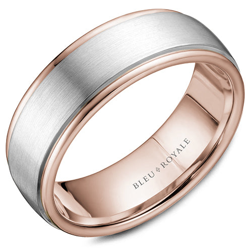 A rose gold wedding band with a white gold center and line detailing. This ring is available in 14K, 18K (White, Yellow & Rose gold), Platinum 950 & Palladium, please call for pricing.
