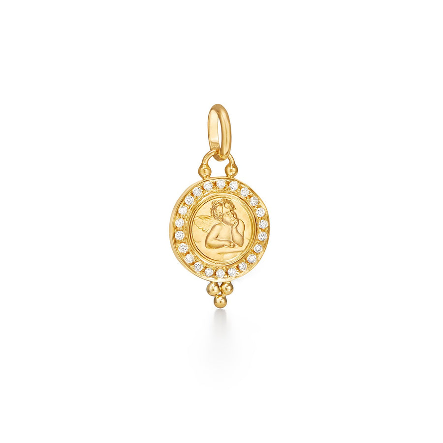 Everyone needs a guardian angel. Modeled after the cherubs in The Sistine Madonna by Renaissance painter Raphael, this classic pendant lets you keep your angels close. With a halo of diamonds and ample room for inscription, the 18K Diamond Pav Angel Pendant is a wonderfully personal charm or gift.18K Yellow Gold0.37cts of Pav DiamondsWidth: 16mmAlso available in 10mm and 21mm.