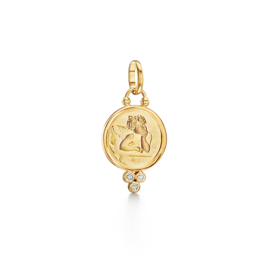 Everyone needs a guardian angel. Modeled after the cherubs in The Sistine Madonna by Renaissance painter Raphael, this classic pendant lets you keep your angels close. Featuring a trio of diamonds and ample room for inscription, the 18K Diamond Angel Pendant is a wonderfully personal charm or gift.18K Yellow Gold0.08cts of diamondsWidth: 14mmAlso available in 10mm, 16mm, 21mm.
