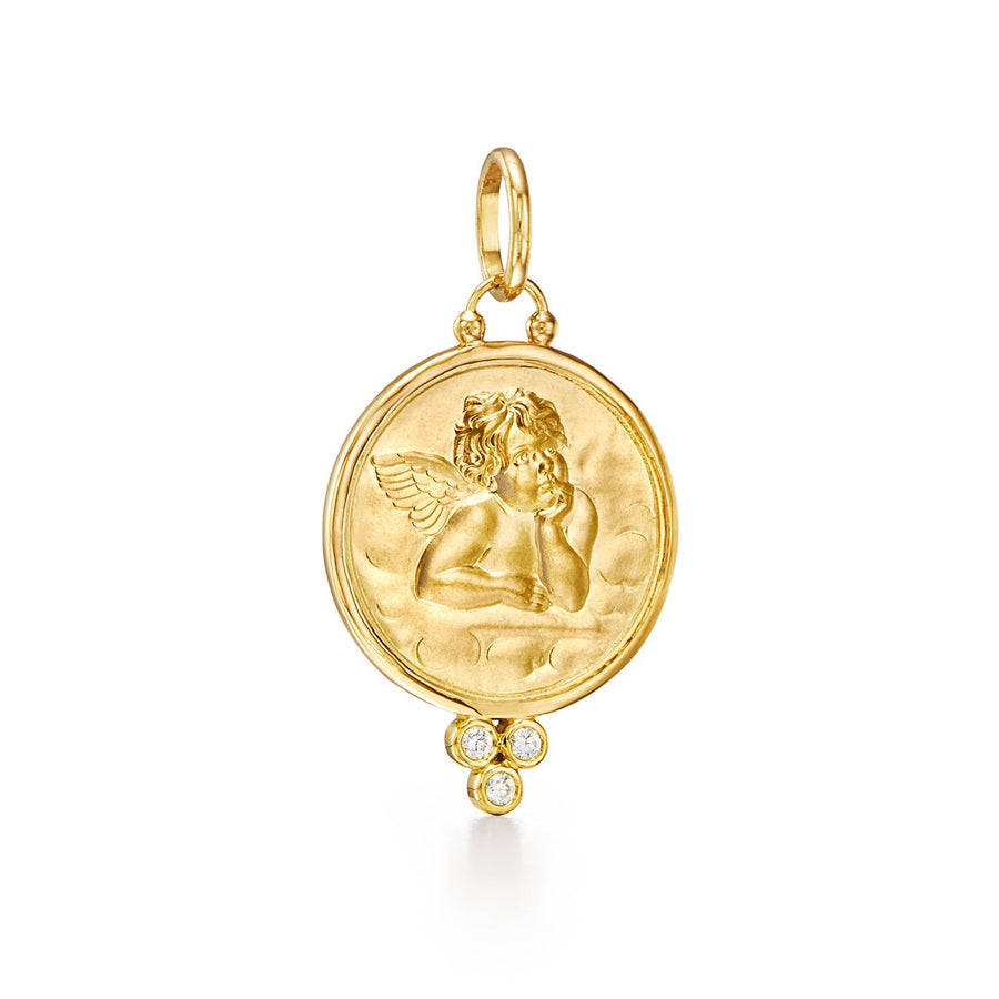 Everyone needs a guardian angel. Modeled after the cherubs in The Sistine Madonna by Renaissance painter Raphael, this classic pendant lets you keep your angels close. Featuring a trio of diamonds and ample room for inscription, the 18K Diamond Angel Pendant is a wonderfully personal charm or gift.Also available in 10mm, 14mm, 16mm.18K Yellow Gold0.1cts of diamonds