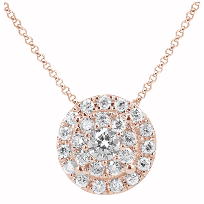 This enchanting 0.25ctw diamond round cluster pendant has a large diamond look for a great price! Several smaller round brilliant diamonds are clustered together in 18k rose gold to create this gorgeous pendant. Perfect when worn alone or complemented by a layered necklace look! 