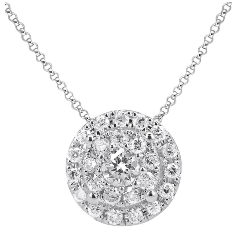 This enchanting 0.25ctw diamond round cluster pendant has a large diamond look for a great price! Several smaller round brilliant diamonds are clustered together in 18k white gold to create this gorgeous pendant. Perfect when worn alone or complemented by a layered necklace look! 