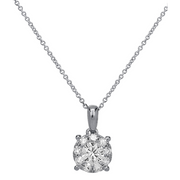 This dazzling white gold pendant has a larger round brilliant center diamond, and is surrounded by a halo of smaller diamonds. This necklace is a must-have staple for any woman. She can wear it by itself or layer it with other fun yellow gold pendants!