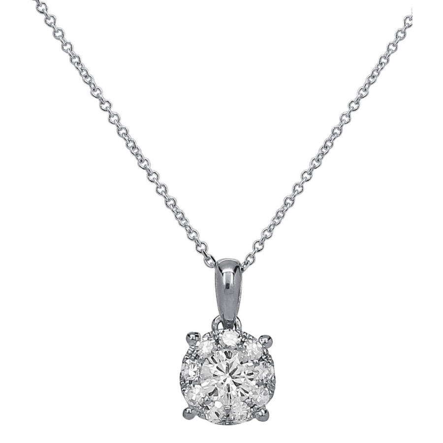 This dazzling white gold pendant has a larger round brilliant center diamond, and is surrounded by a halo of smaller diamonds. This necklace is a must-have staple for any woman. She can wear it by itself or layer it with other fun yellow gold pendants!