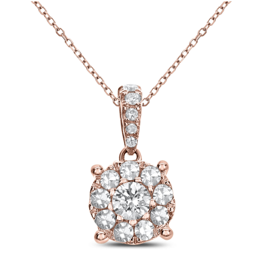 This beautiful rose gold pendant has 0.50ctw round brilliant diamonds arranged together to give the wearer a large diamond look for a great price! In the center of the pendant is a larger diamond which is surrounded by several smaller diamonds to create the illusion of one large diamond. The bail is also adorned with graduating round brilliant diamonds. 