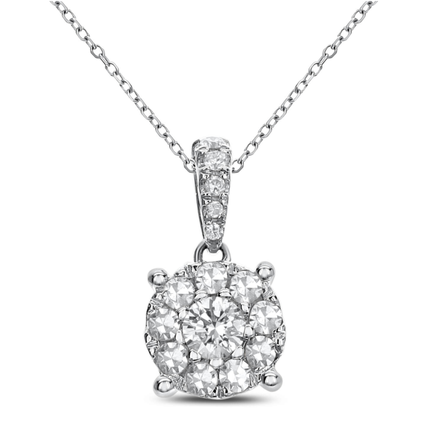 This beautiful white gold pendant has 0.50ctw round brilliant diamonds arranged together to give the wearer a large diamond look for a great price! In the center of the pendant is a larger diamond which is surrounded by several smaller diamonds to create the illusion of one large diamond. The bail is also adorned with graduating round brilliant diamonds. 