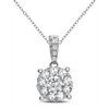 This beautiful white gold pendant has 0.50ctw round brilliant diamonds arranged together to give the wearer a large diamond look for a great price! In the center of the pendant is a larger diamond which is surrounded by several smaller diamonds to create the illusion of one large diamond. The bail is also adorned with graduating round brilliant diamonds. 