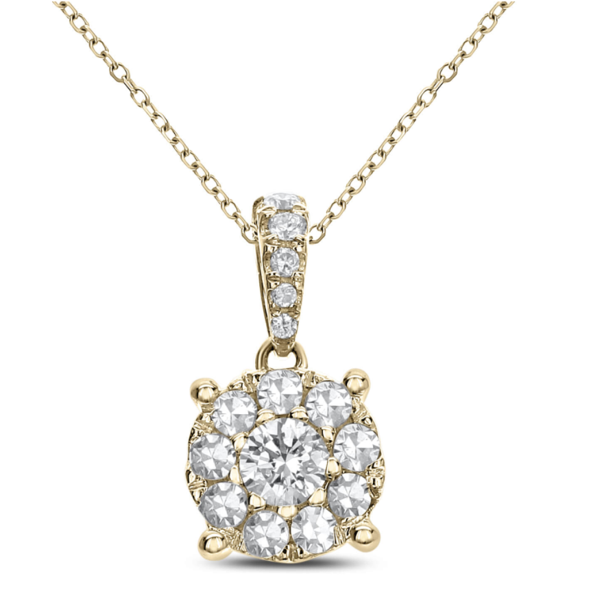 This beautiful yellow gold pendant has 0.50ctw round brilliant diamonds arranged together to give the wearer a large diamond look for a great price! In the center of the pendant is a larger diamond which is surrounded by several smaller diamonds to create the illusion of one large diamond. The bail is also adorned with graduating round brilliant diamonds. 