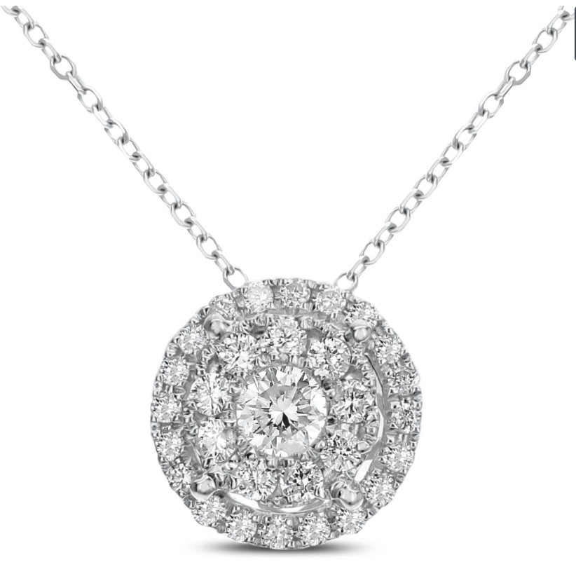 This enchanting 0.50ctw diamond round cluster pendant has a large diamond look for a great price! Several smaller round brilliant diamonds are clustered together in a double halo style to create this gorgeous pendant. Perfect when worn alone or complemented by a layered necklace look! 