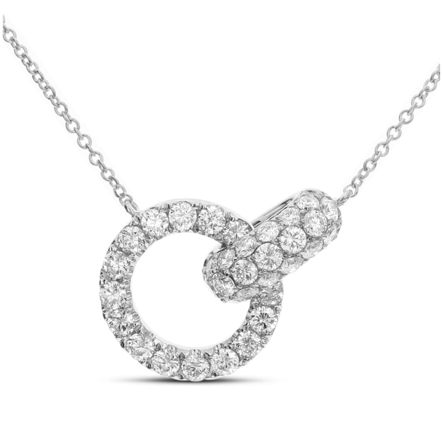 Two interlocking links adorned with 1.00ctw diamonds sparkle beautifully in this unique pendant. Crafted in 18k white gold, this pendant will go with every piece of jewelry in her wardrobe because of its two-tone look!