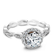 White gold halo engagement ring with a scalloped band and 34 round diamonds