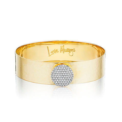 Yellow gold diamond hammered large Infinity Love Always bracelet (0.72 tcw).