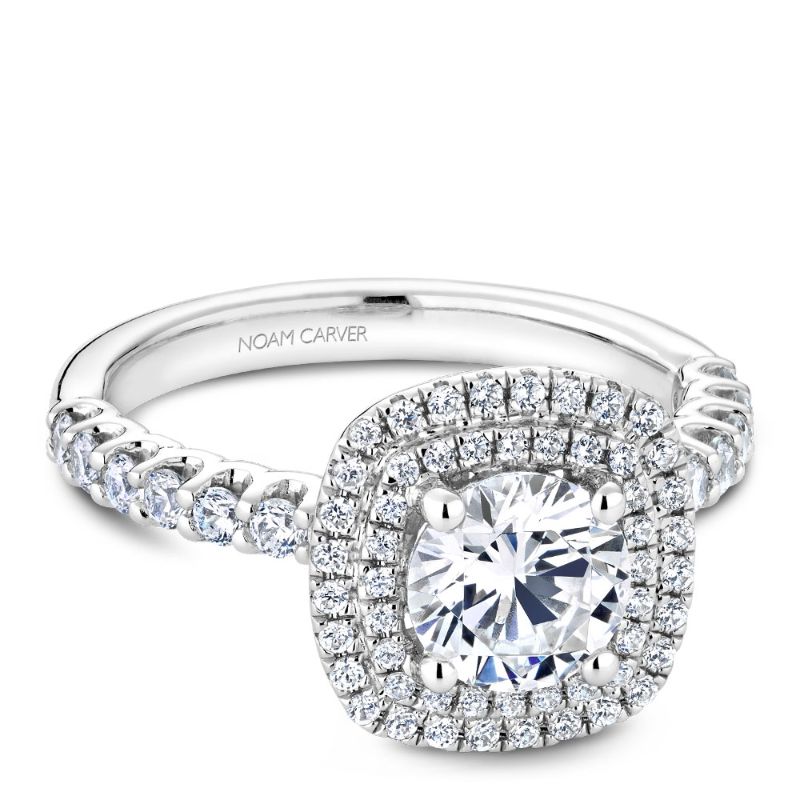 White gold double halo engagement ring with 66 round diamonds