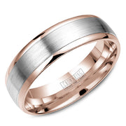 A wedding band in rose gold with a brushed white gold center.