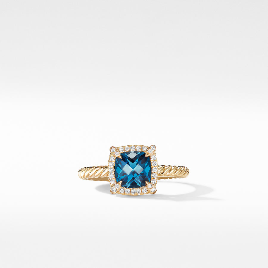 David Yurman Petite Chatelaine Pave Bezel Ring in 18k Gold and Hampton Blue Topaz- R14202D88AIBDI
